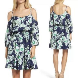 Eliza J Fit & Flare Cold Shoulder Blue & Green Floral Dress Size 8